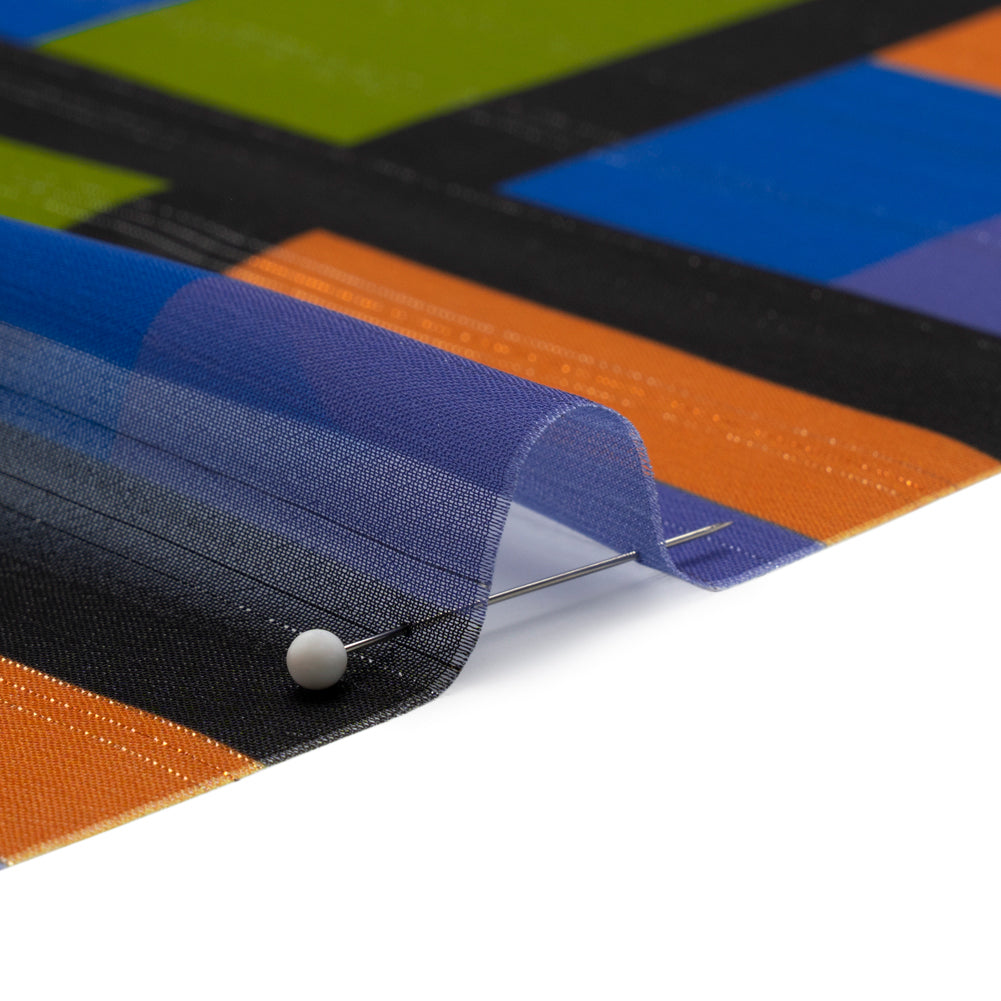 Polyester Chiffon Print with Metallic Pinstripes - Green, Orange and Blue Geometric - Mood Exclusive Through the Window - Joann Fabrics