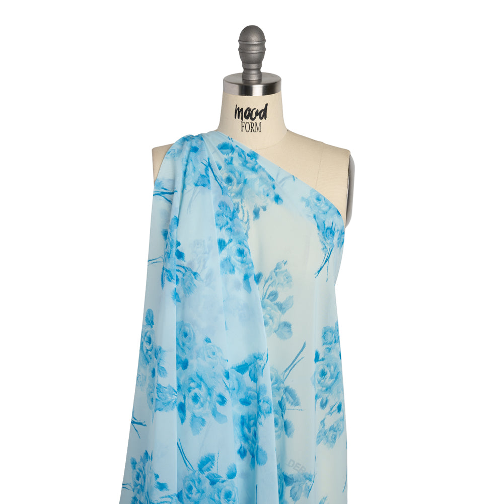 Polyester Chiffon - Sky Blue Ikat Roses - Designer Deadstock - Joann Fabrics