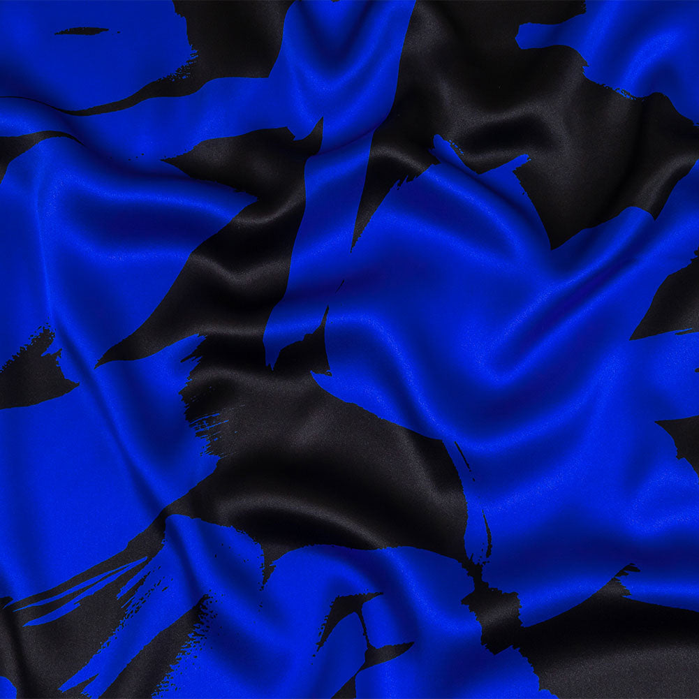 Mood Exclusive Italian Royal Blue and Black Brushstrokes Silk Charmeuse - Joann Fabrics