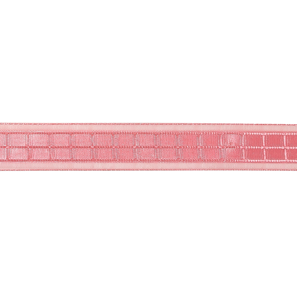 Bubblegum Pink Windowpane Checks and Sheer Borders Woven Ribbon - 0.625