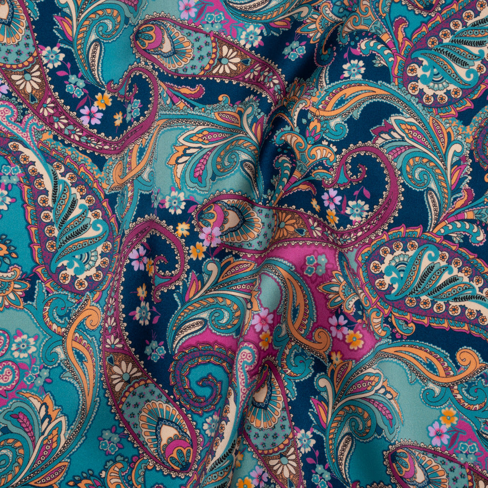Silk Charmeuse Print 16MM, Made in Italy - Dark Turquoise, Blue and Berry Pink Fancy Paisley - Joann Fabrics