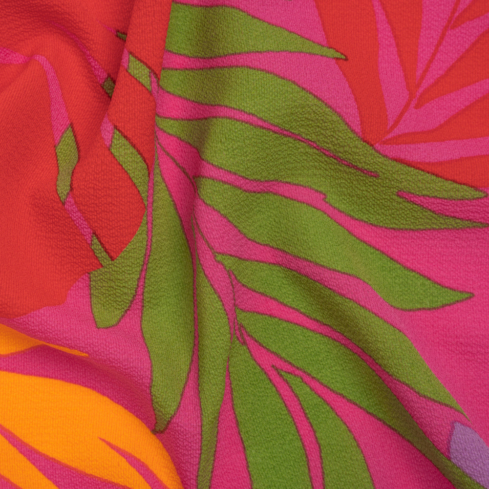 Puckered Lightweight Stretch Polyester Crepe - Hot Pink, Fire Red and Cobalt Blue Palm Leaves - Designer Deadstock - Joann Fabrics
