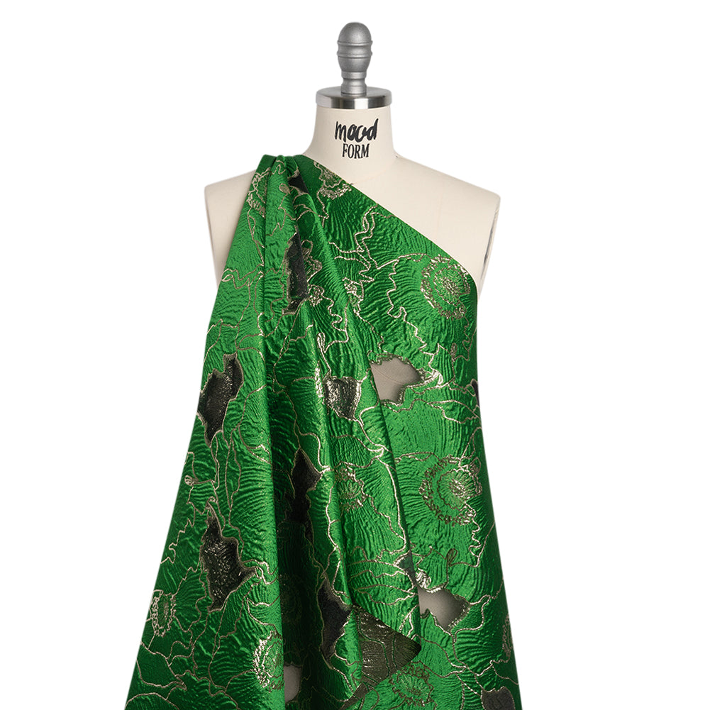 Metallic Burnout Brocade - Kelly Green and Gold All-Over Outlined Flowers - Joann Fabrics