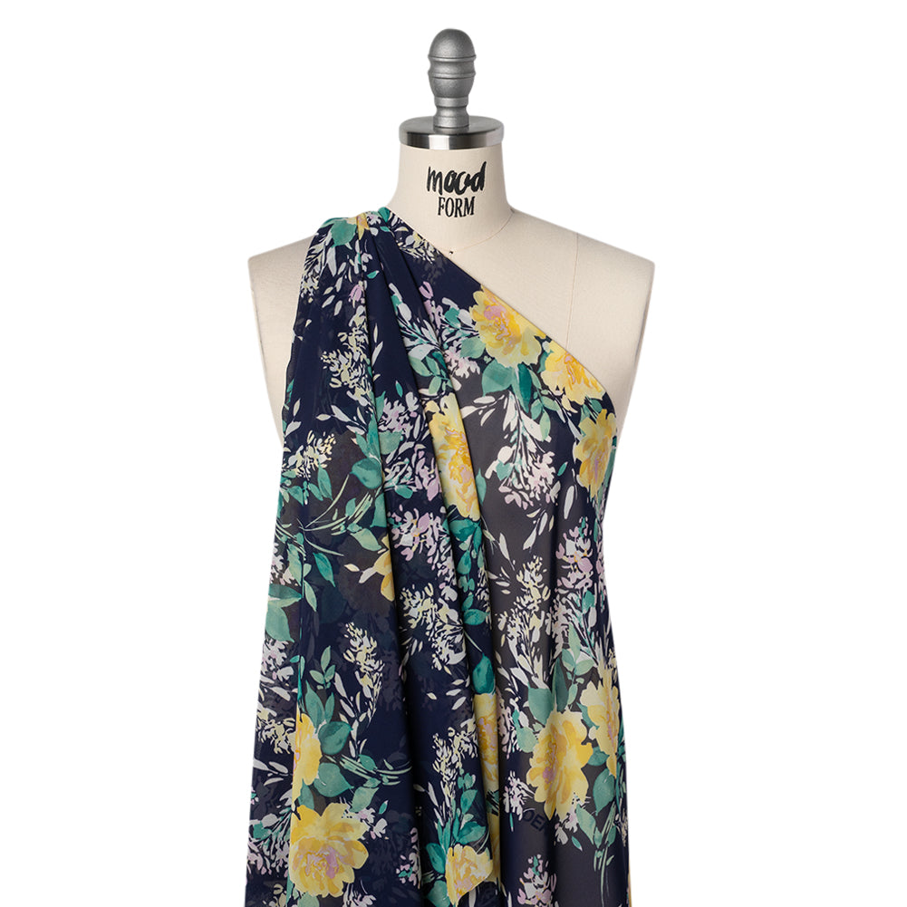 Polyester Chiffon Print - Navy Blue, Yellow and Green Rose Bouquets - Designer Deadstock - Joann Fabrics