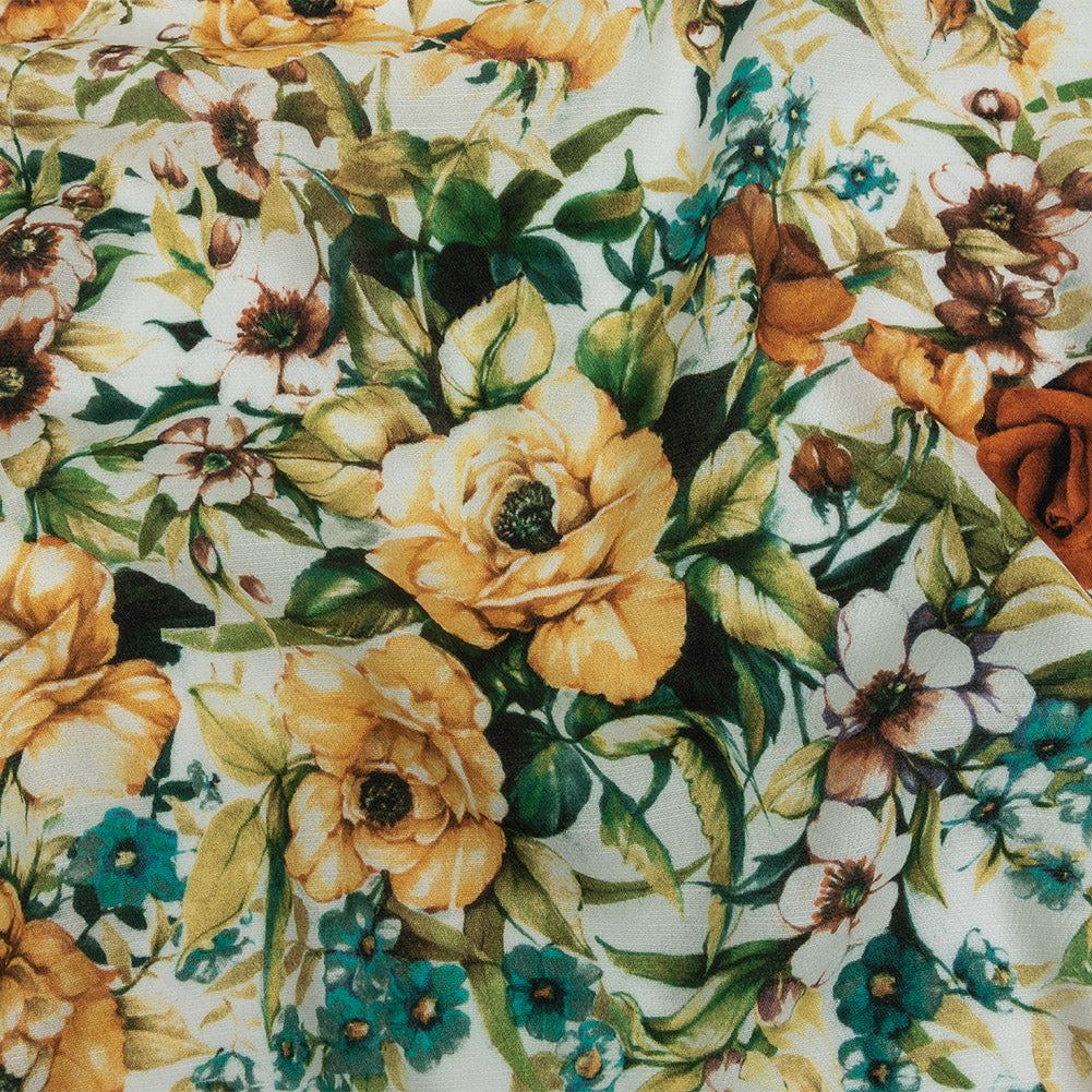 Gauzy Viscose Crepe Print - Yellow, Teal and White Floral - Mood Exclusive Jardin des Fleurs - Joann Fabrics