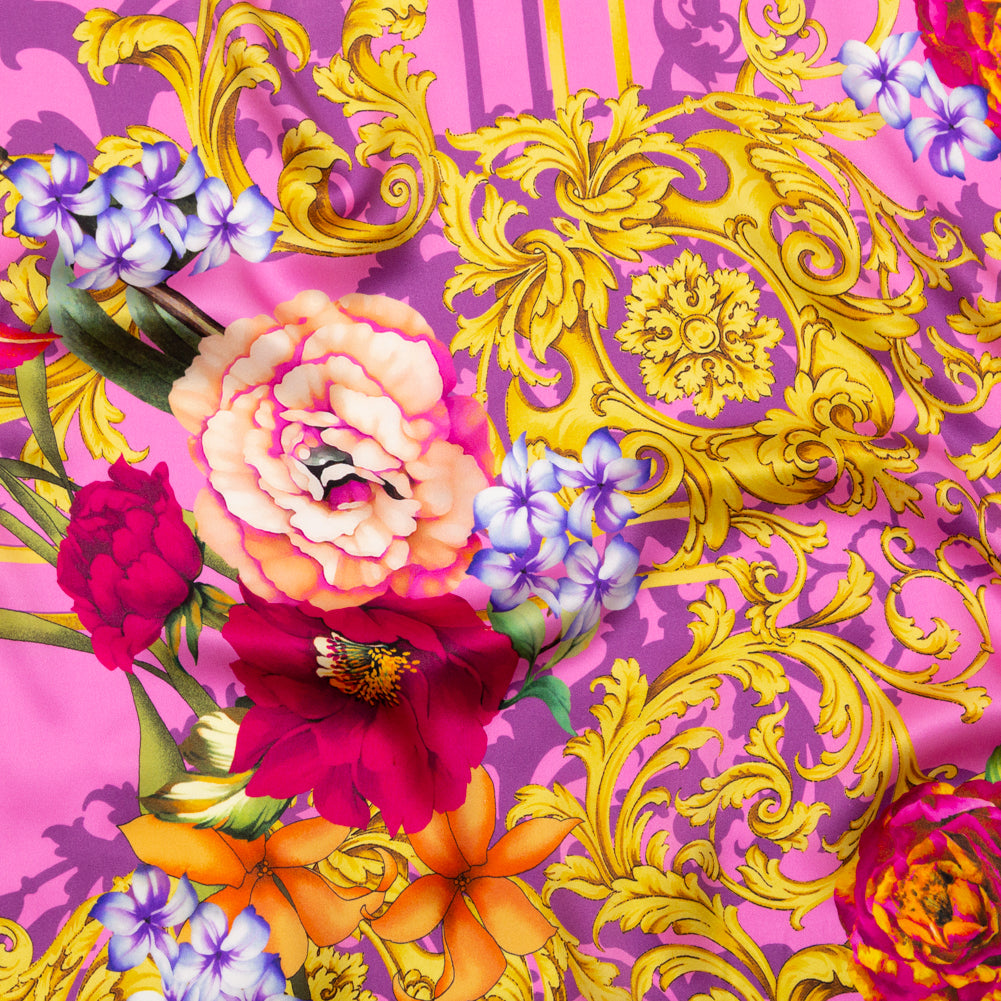 Mood Exclusive Italian Pink and Gold Ornate Floral Digitally Printed Silk Charmeuse - Joann Fabrics