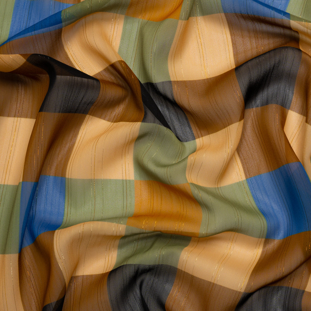 Polyester Chiffon Print with Metallic Pinstripes - Brown, Green and Yellow Plaid - Mood Exclusive Rooks and Bishops - Joann Fabrics