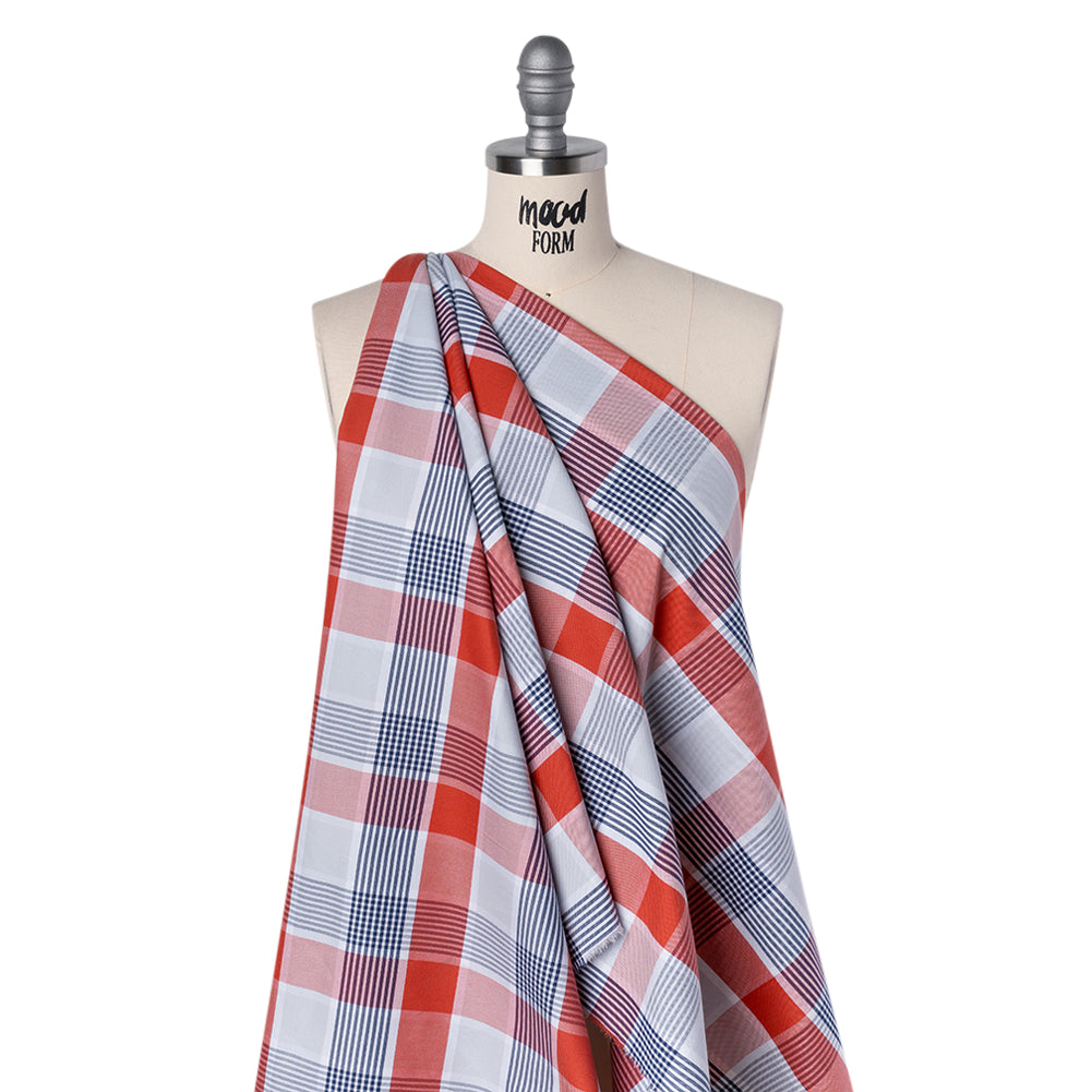 Cotton Oxford Shirting - Sky Blue, Navy and Light Red Plaid - Deadstock - Joann Fabrics