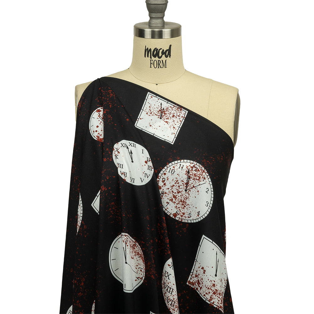 Rayon Batiste - Clocks and Blood Splatter - The Masque Print - Mood Exclusive Nevermore Collection - Joann Fabrics