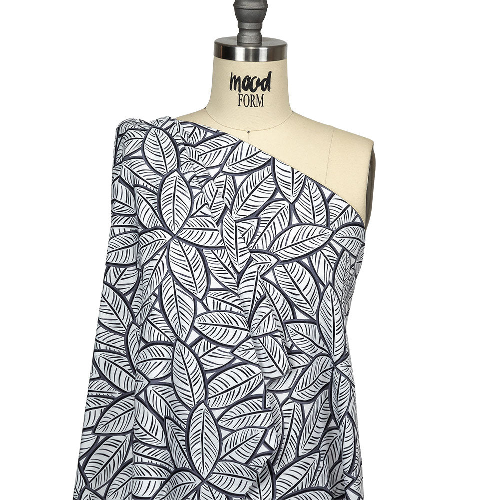 White, Folkstone Gray and Black Leaves UV Protective Compression Swimwear Tricot with Aloe Vera Microcapsules - Joann Fabrics
