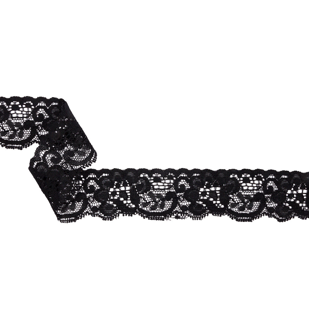 Famous NYC Designer Black Flowers and Swirls Scalloped Stretch Re-Embroidered Lace Trim - 1.375