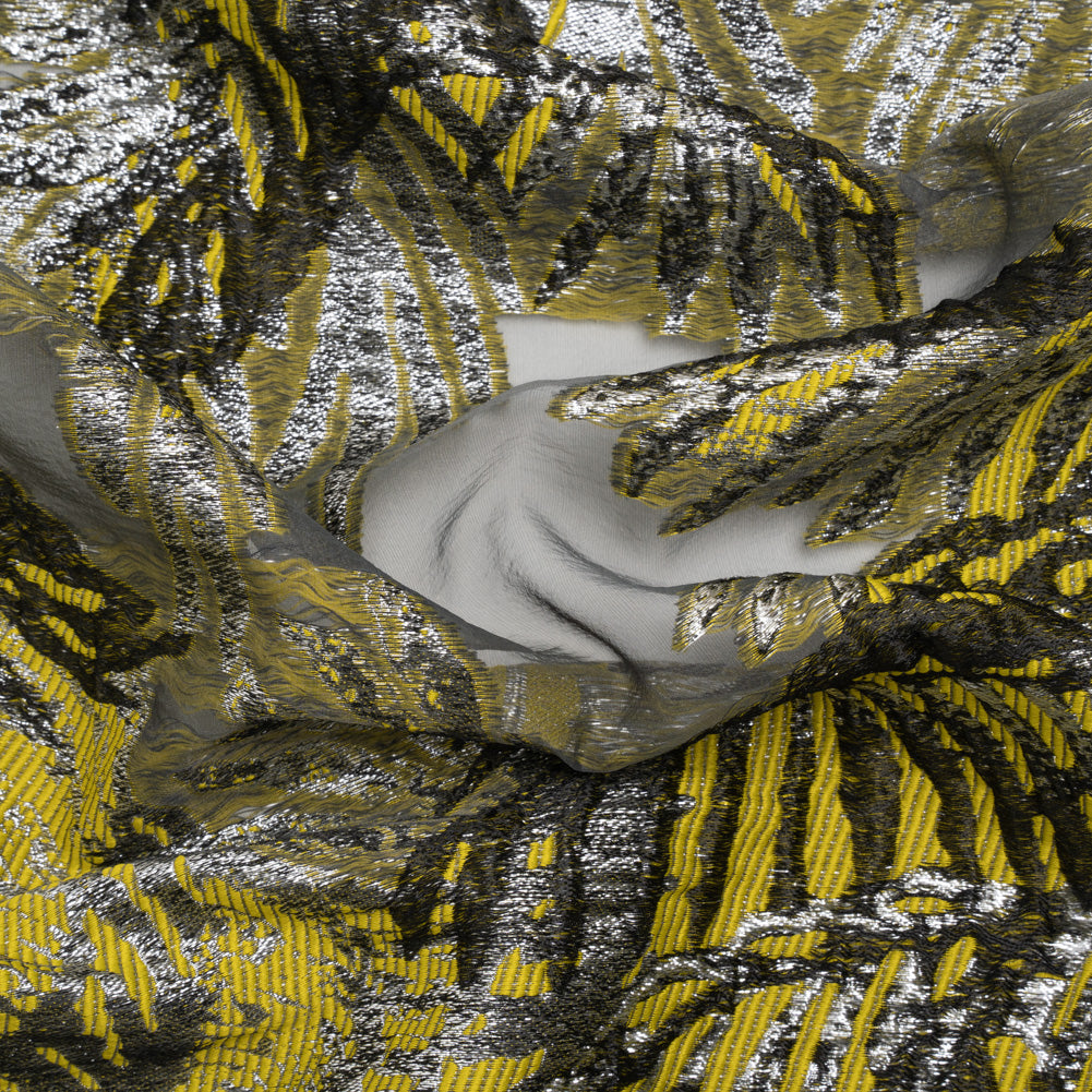 Yellow, Black and Metallic Silver Palm Leaves Luxury Burnout Brocade - Joann Fabrics