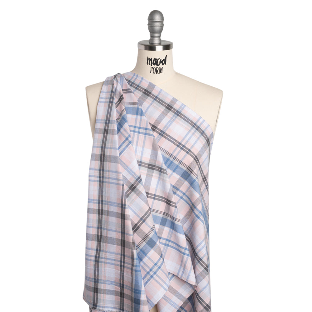Cotton Oxford Shirting - Pink, Sky Blue and Charcoal Plaid - Deadstock - Joann Fabrics