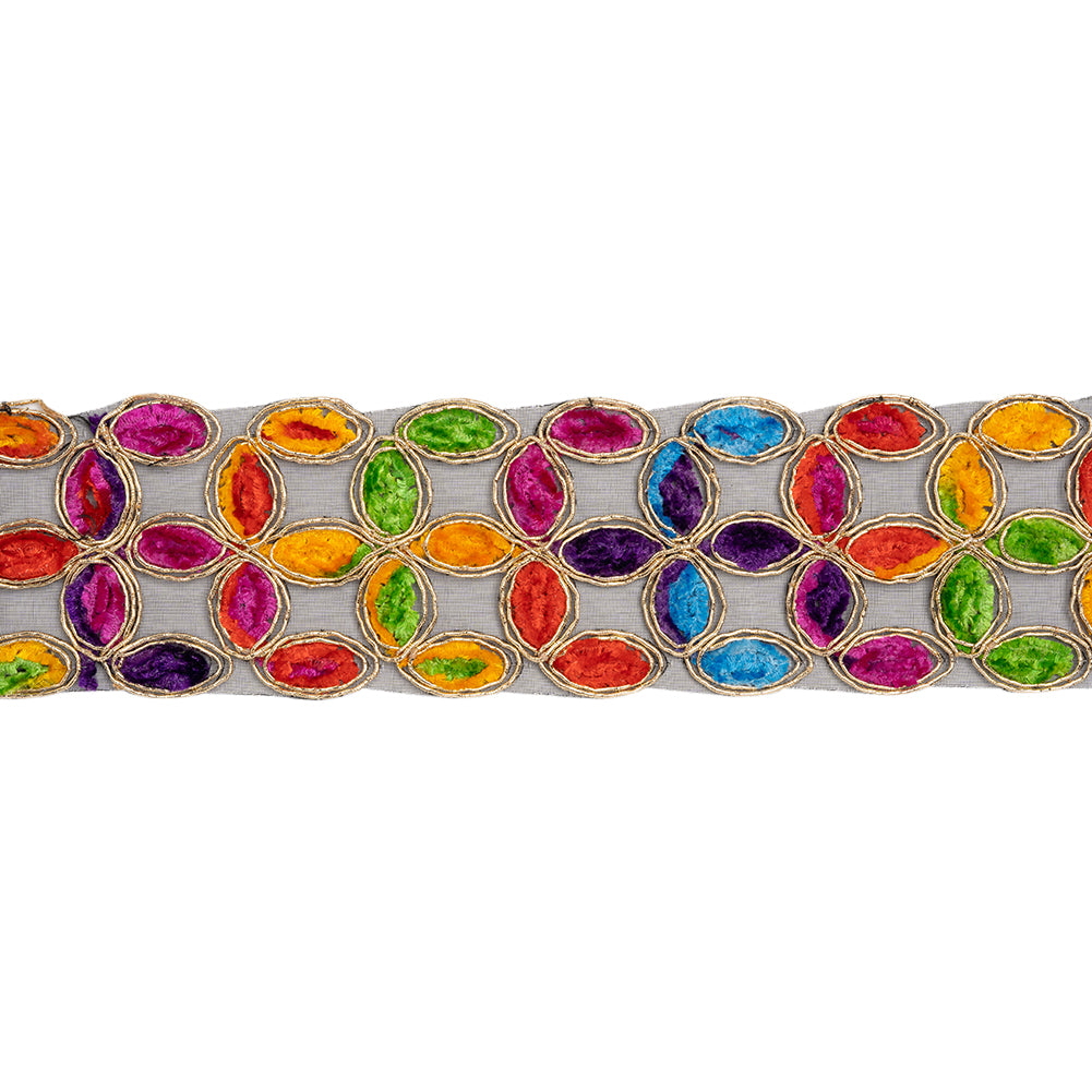 Yaya Han Chenille Embroidered Trim - Metallic Gold and Multicolor Links, 2.25