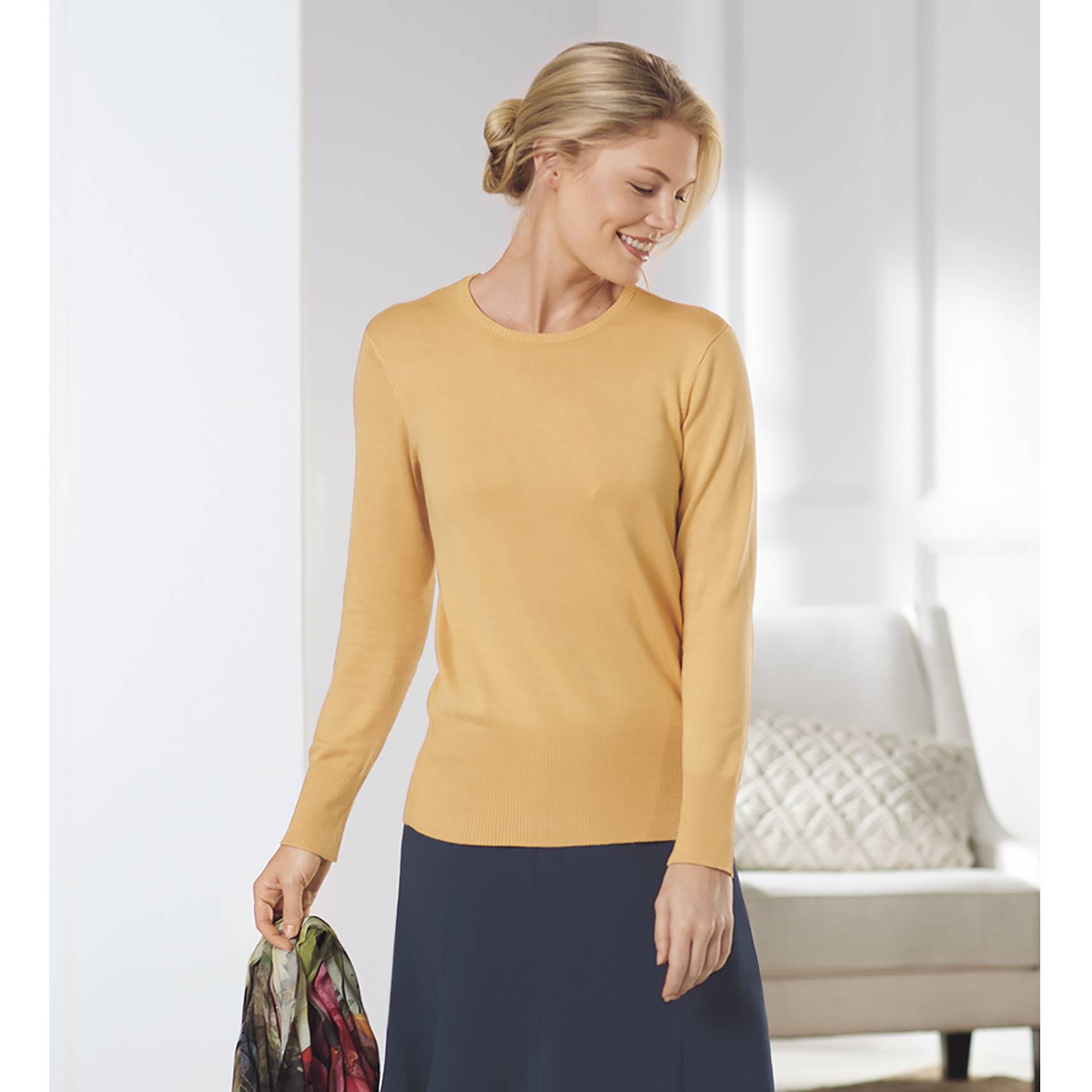 Soft Fine-Gauge Knit Jewel-Neck Sweater, Long Sleeves - Northstyle Catalog