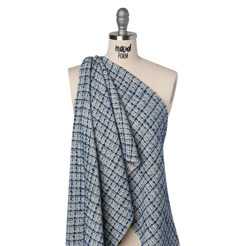 Metallic Wool Blend Boucle Tweed Made in Italy - White, Sky Blue and Cobalt Checks - Joann Fabrics