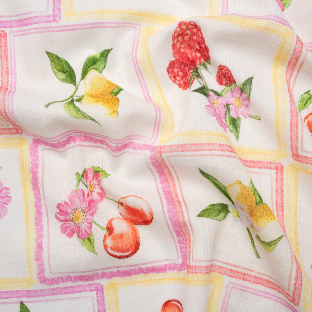 Slubbed Gauzy Cotton Woven - Pink, Red and Yellow Fruit and Flowers in Frames - Mood Exclusive Summer Medley Print - Joann Fabrics