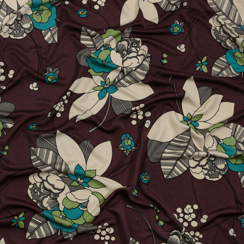 Chocolate, Teal and Cream Floral Silk Jersey - Joann Fabrics