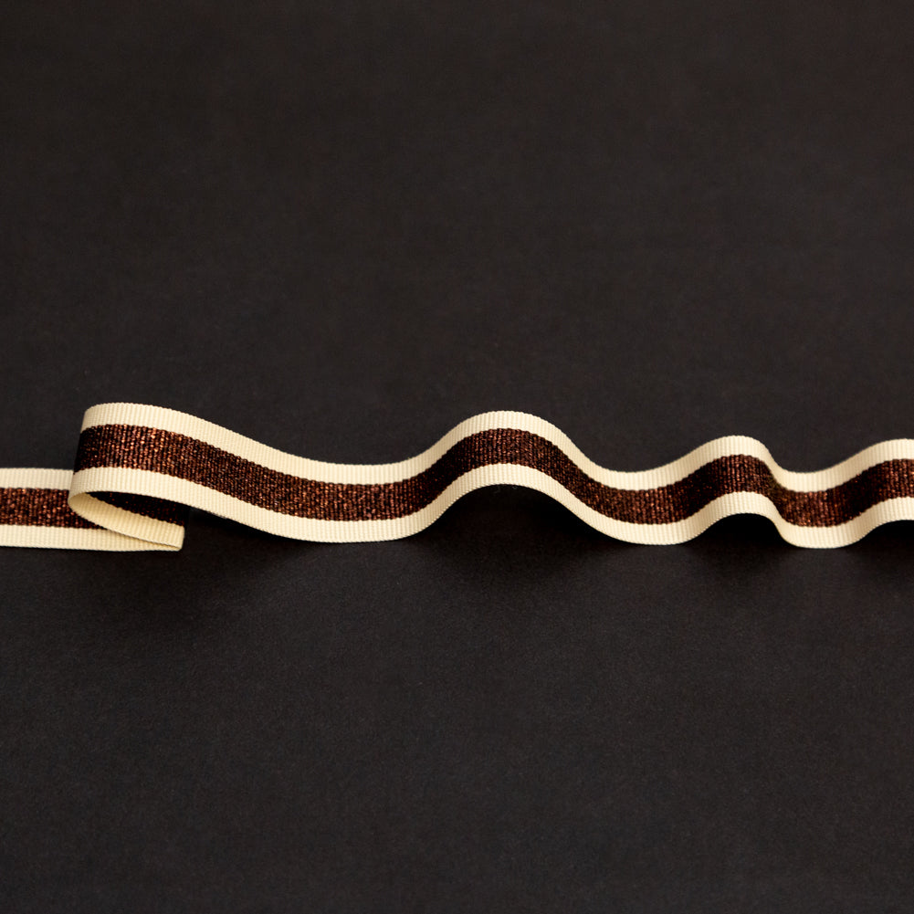 Italian Metallic Dark Copper and Tan Striped Grosgrain Ribbon - 0.625