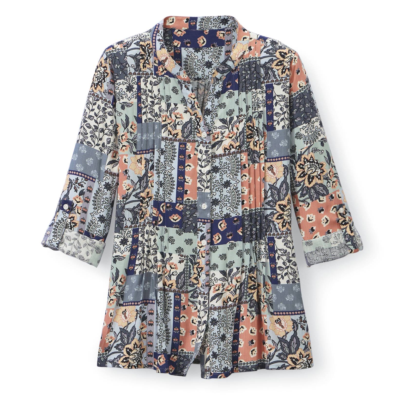 Mixed-Print Tuck Shirt, Notched Neck, 3/4 Roll-Tab Sleeves - Northstyle Catalog