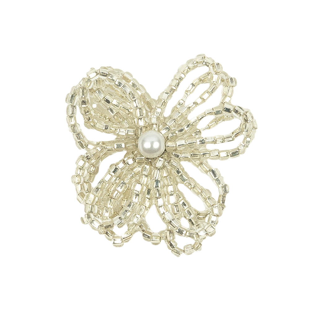 Vintage Silver Lined Seed Beaded Flower Decoration with Faux Pearl Center - 1.25