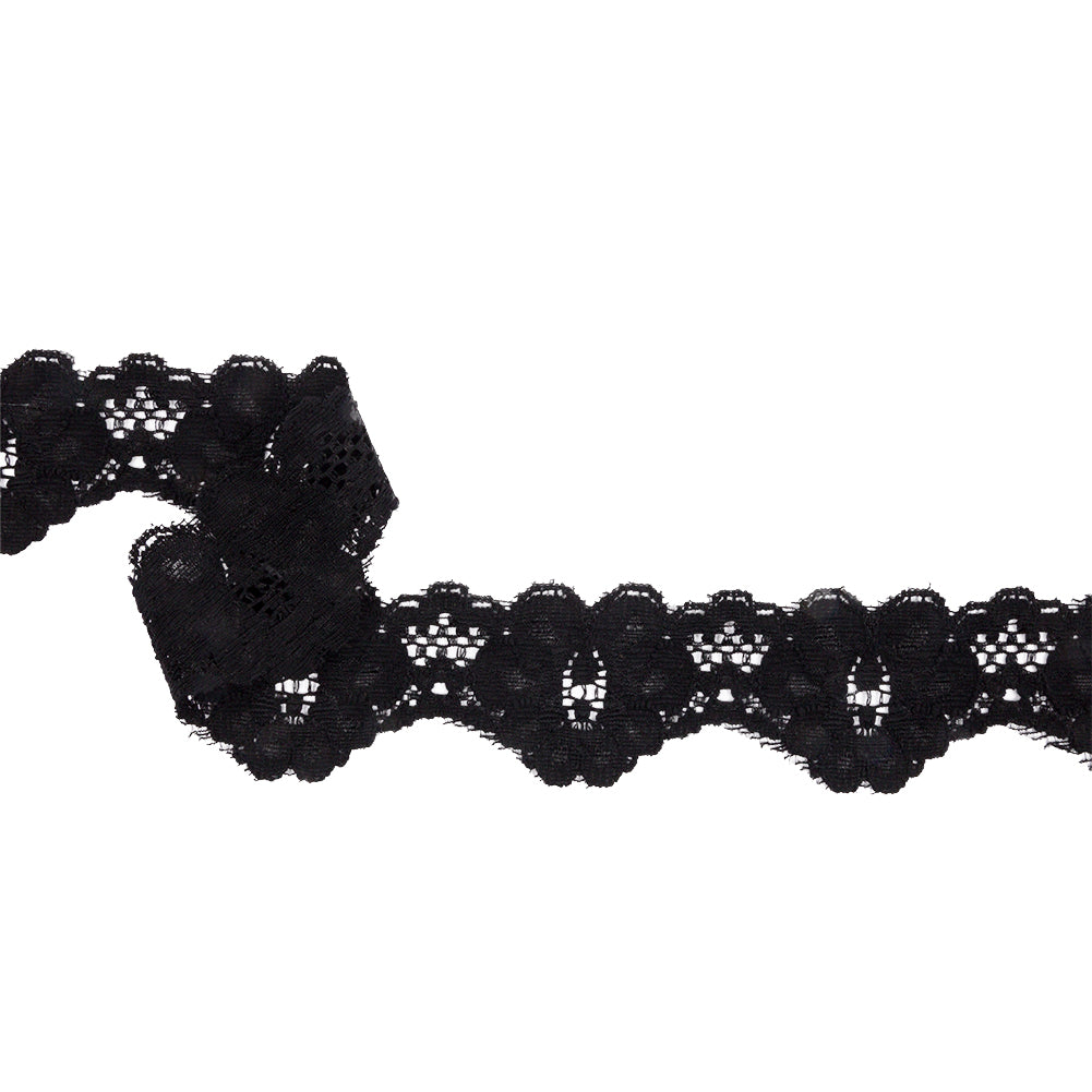 Famous NYC Designer Black Floral Scallops Stretch Re-Embroidered Lace Trim - 1.625