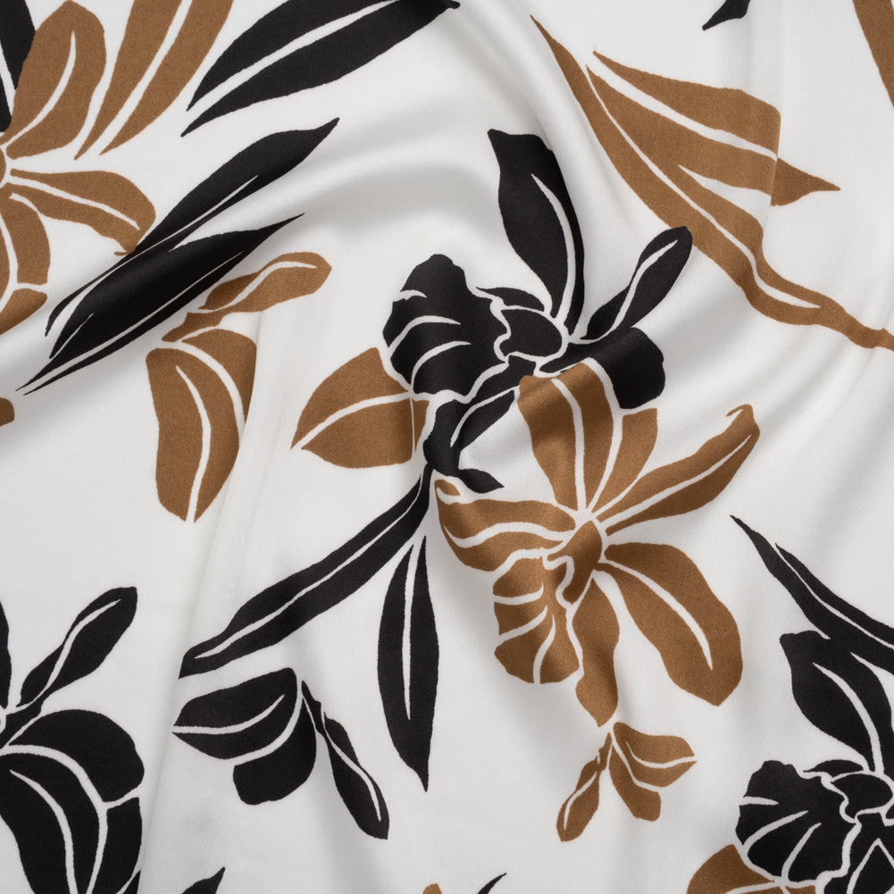 Stretch Polyester Charmeuse Print - White, Black and Brown Daffodils - Designer Deadstock - Joann Fabrics