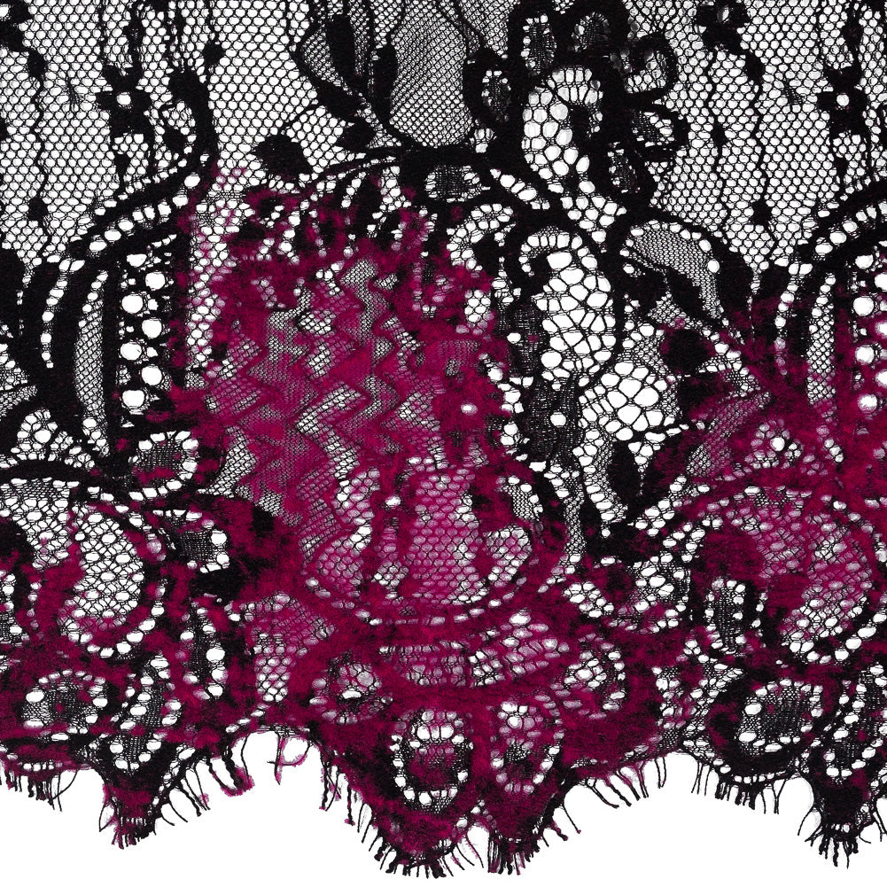 Italian Black and Magenta Flocked Lace Trim - 8