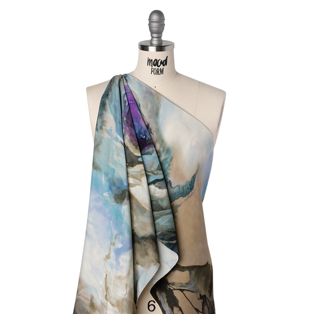 Silk Crepe Print Made in Italy - Blue, Purple and Brown Painterly Florals - Deadstock - Joann Fabrics