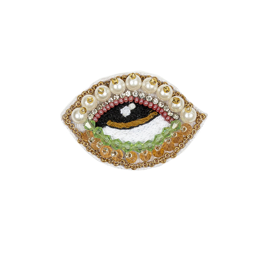 Summer Green, Kumquat and White Pearl Eye Beaded and Embroidered Applique - 1.375