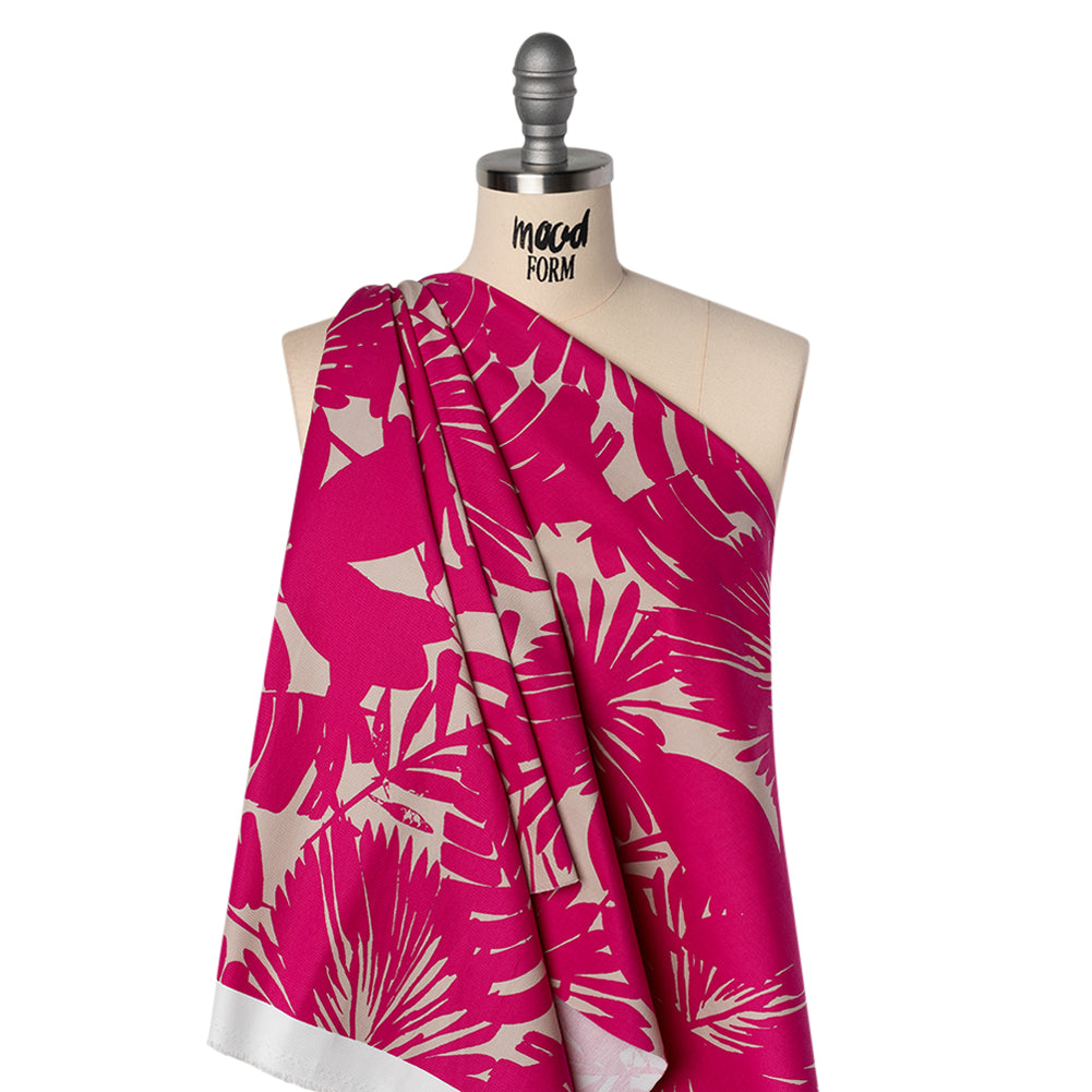 Stretch Cotton Faille Print by Trina Turk - Hot Pink and Light Gray Palm Leaves - Designer Deadstock - Joann Fabrics