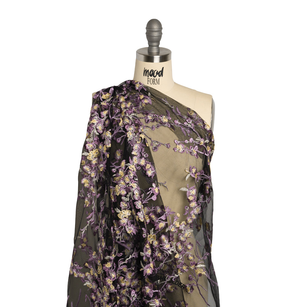 Embroidered Lace on Black Tulle - Lilac, Butter Yellow and White Floral - Designer Deadstock - Joann Fabrics