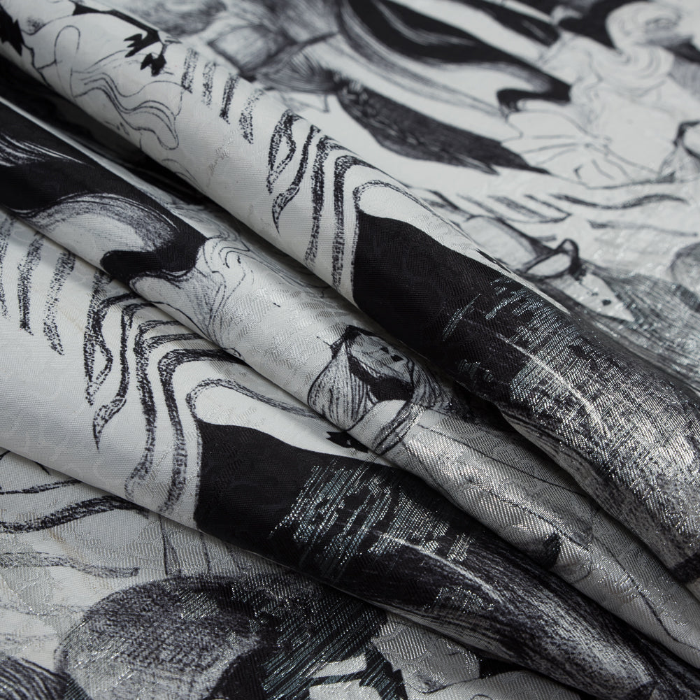 Metallic Silver Abstract Jacquard with Black and White Fashion Sketch Print - Joann Fabrics