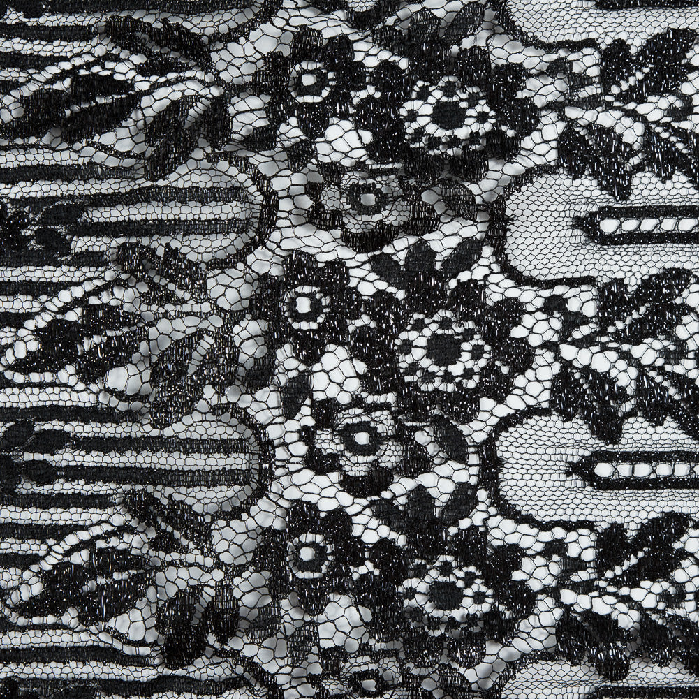 Metallic Lace with Eyelash Fringe Edges - Black Striped Floral - Made in France - Joann Fabrics