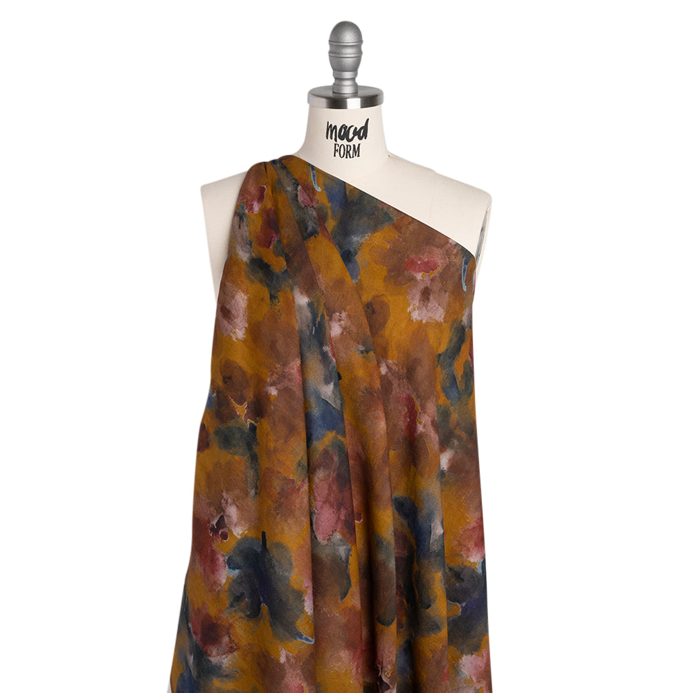 Cotton Crepe - Mustard Yellow, Burgundy and Dark Blue Abstract Watercolor - Mood Exclusive Flowing Horizons Print - Joann Fabrics