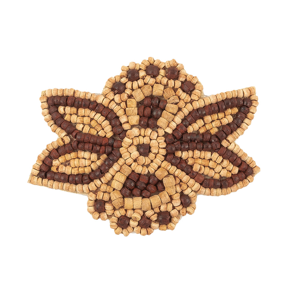 Vintage Brown and Natural Wood Beaded Abstracted Floral Applique - 2.75