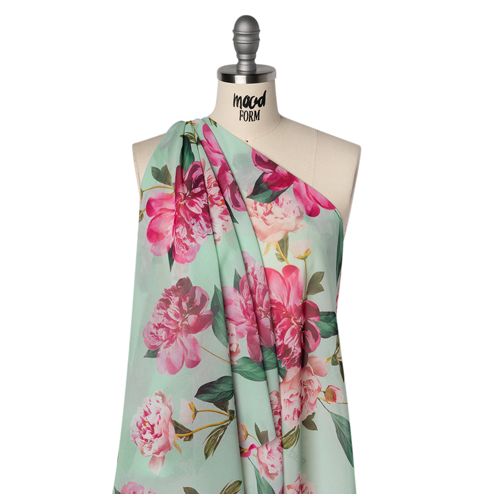 Polyester Chiffon Print - Seafoam, Magenta and Green Roses - Designer Deadstock - Joann Fabrics
