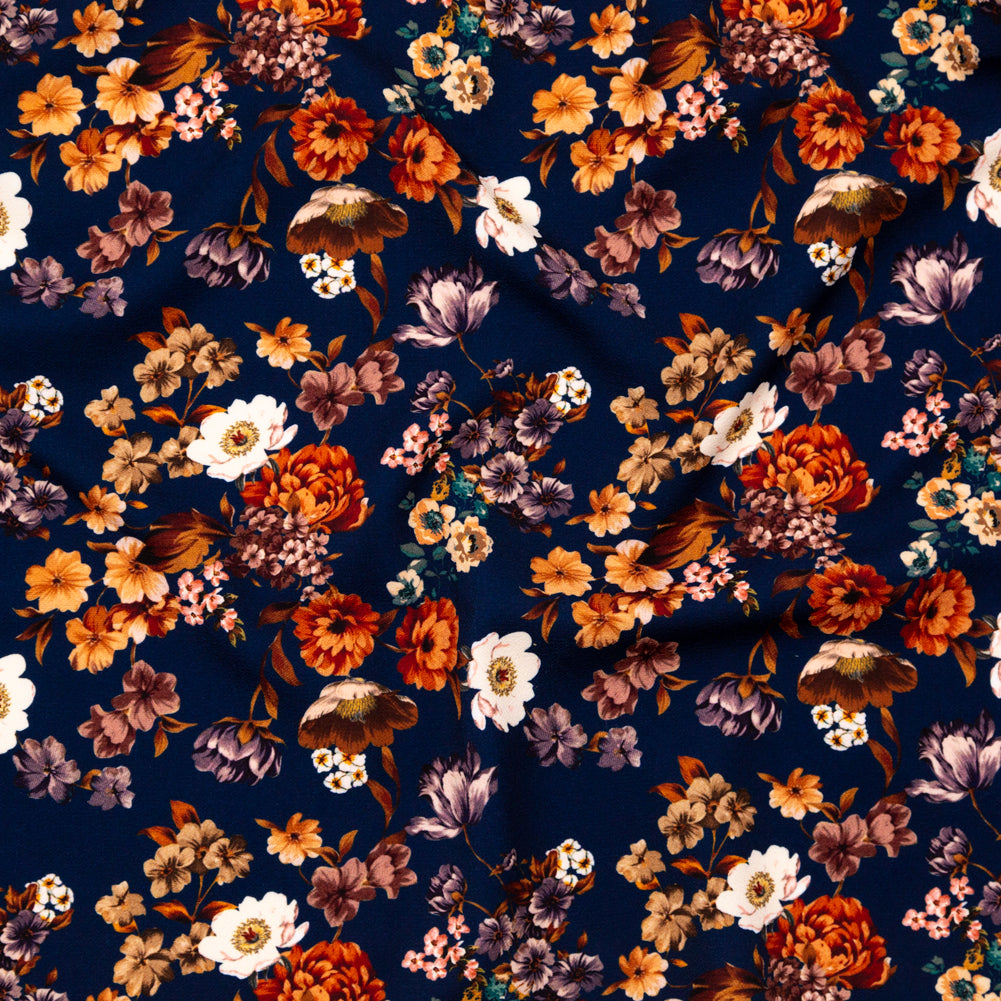 Stretch Polyester Crepe - Navy and Orange Floral - Floral Dreams Print - Mood Exclusive St. Tropez Collection - Joann Fabrics