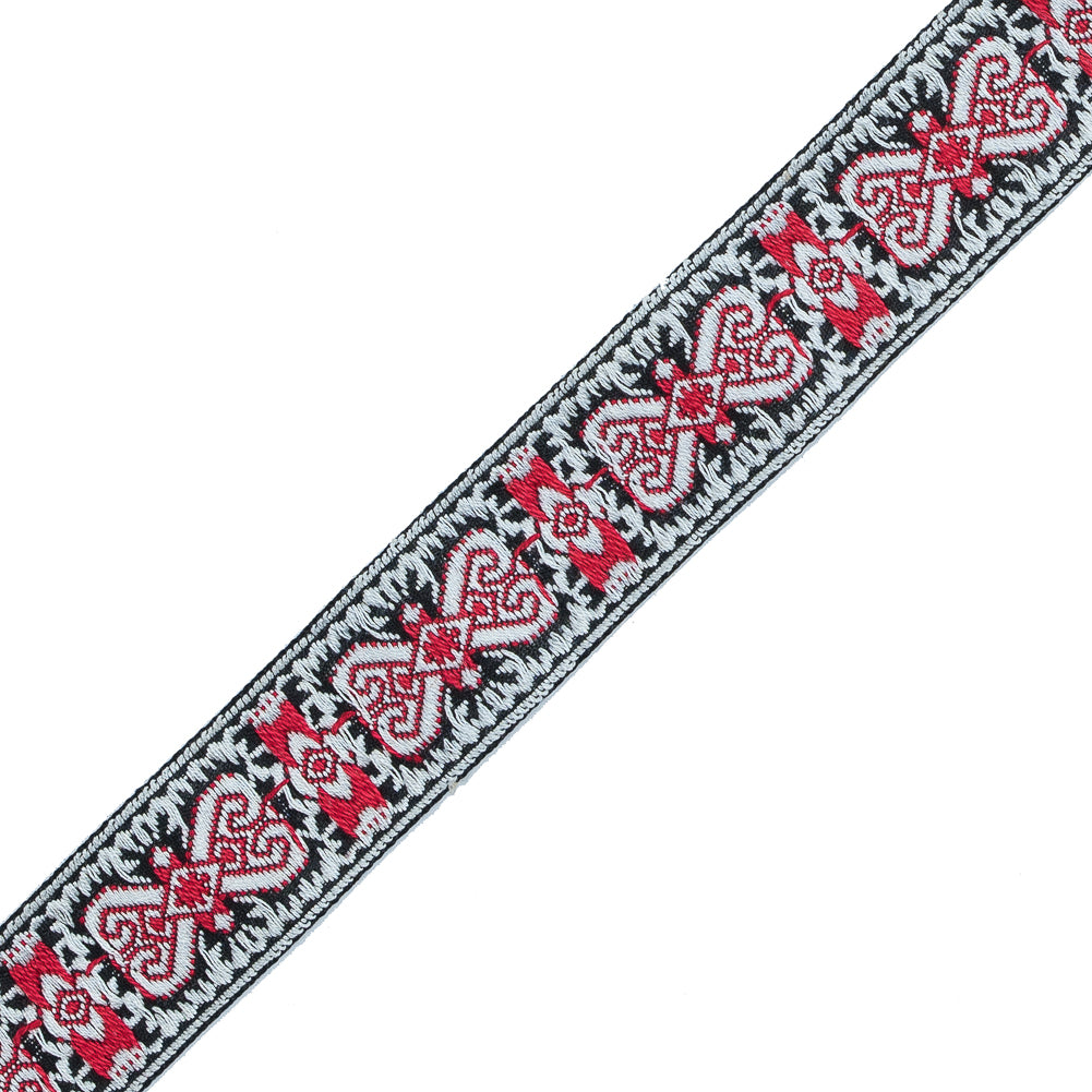 Red and White Geometric German Jacquard Ribbon - 1