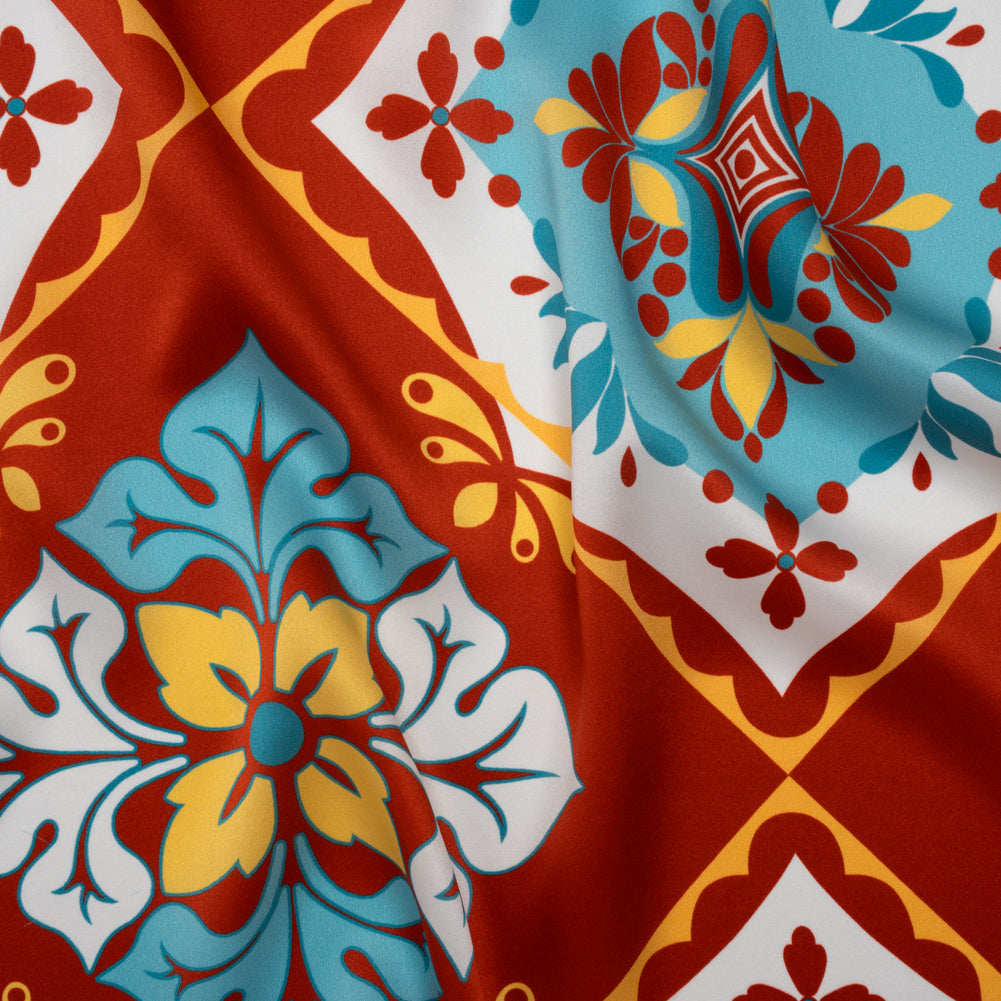 Silk Charmeuse Print 16MM, Made in Italy - Turquoise, Rust Red and Golden Yellow Fancy Floral Tiles - Joann Fabrics