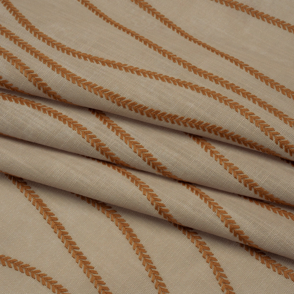 Embroidered Linen-Look Polyester Drapery Woven - Copper Leafy Wavy Lines and Watercolor Texture - British Imported - Joann Fabrics