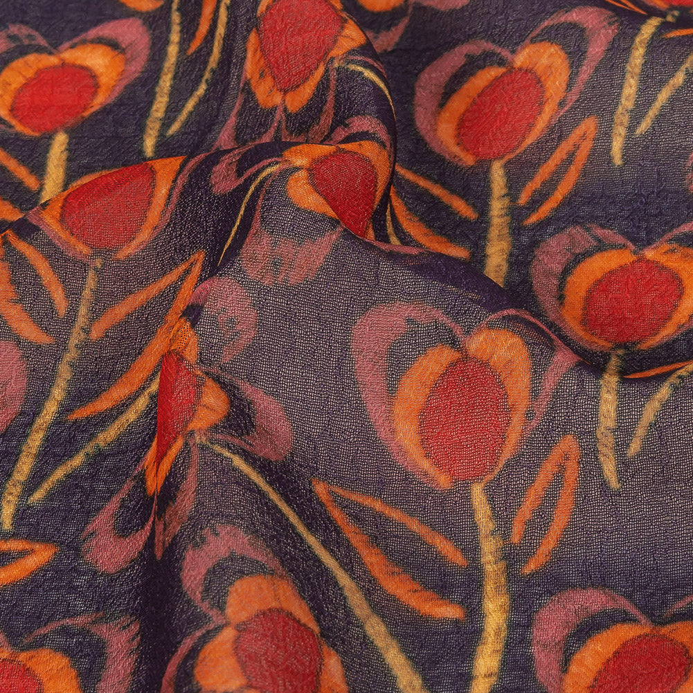Famous NYC Designer Red, Orange, and Navy Floral Stripes Polyester Georgette - Joann Fabrics