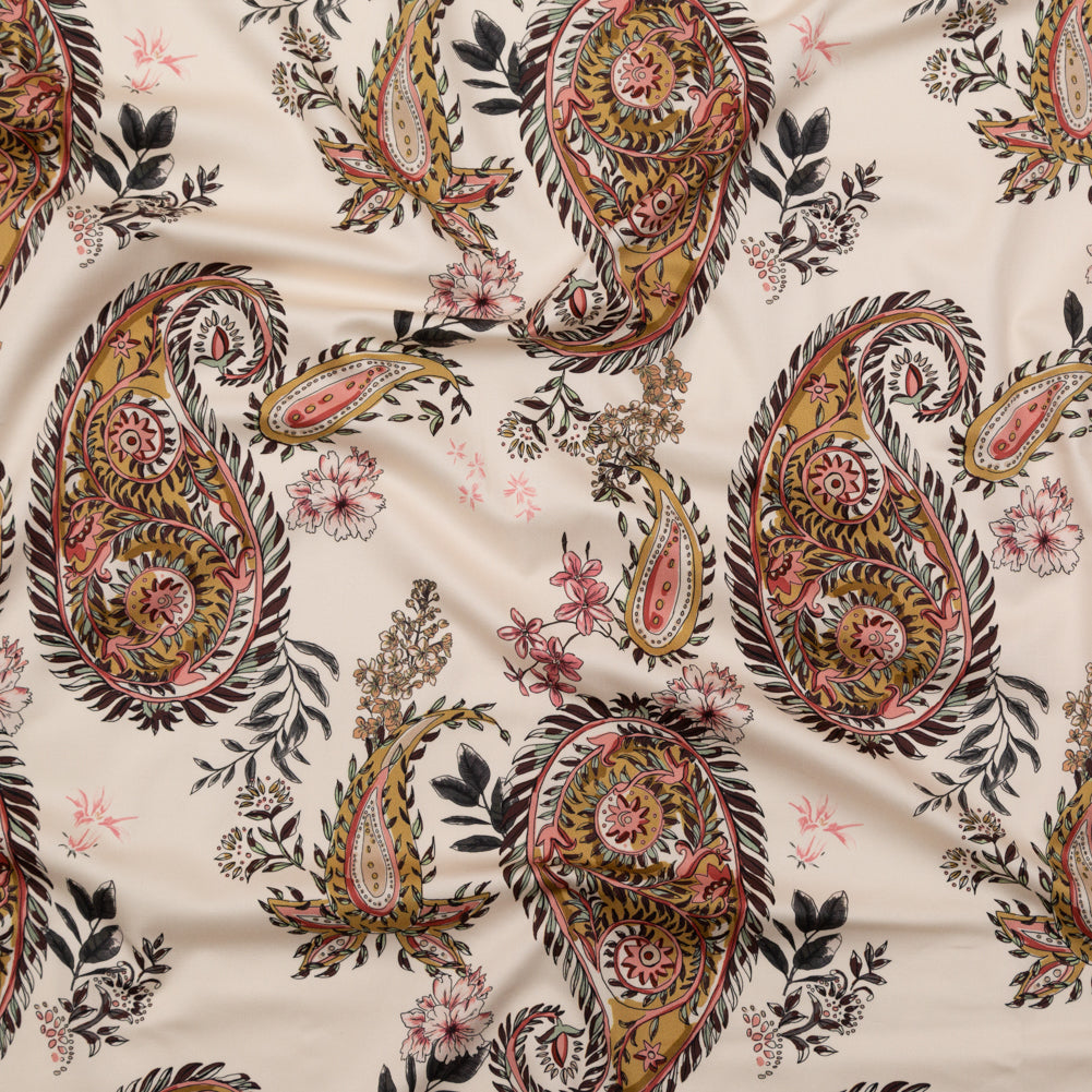 Stretch Cotton Sateen - Cream Pink Paisleys - Leaving Footmarks Print - Mood Exclusive Kenko Collection - Joann Fabrics