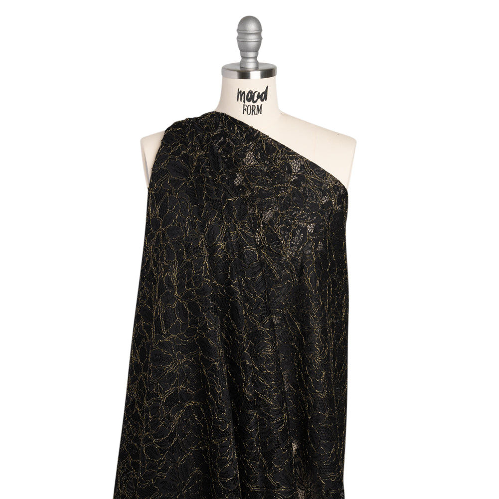 Stretch Metallic Corded Lace with Finished Edges - Black and Gold Tropical Blossoms - Ottilie Collection - Joann Fabrics