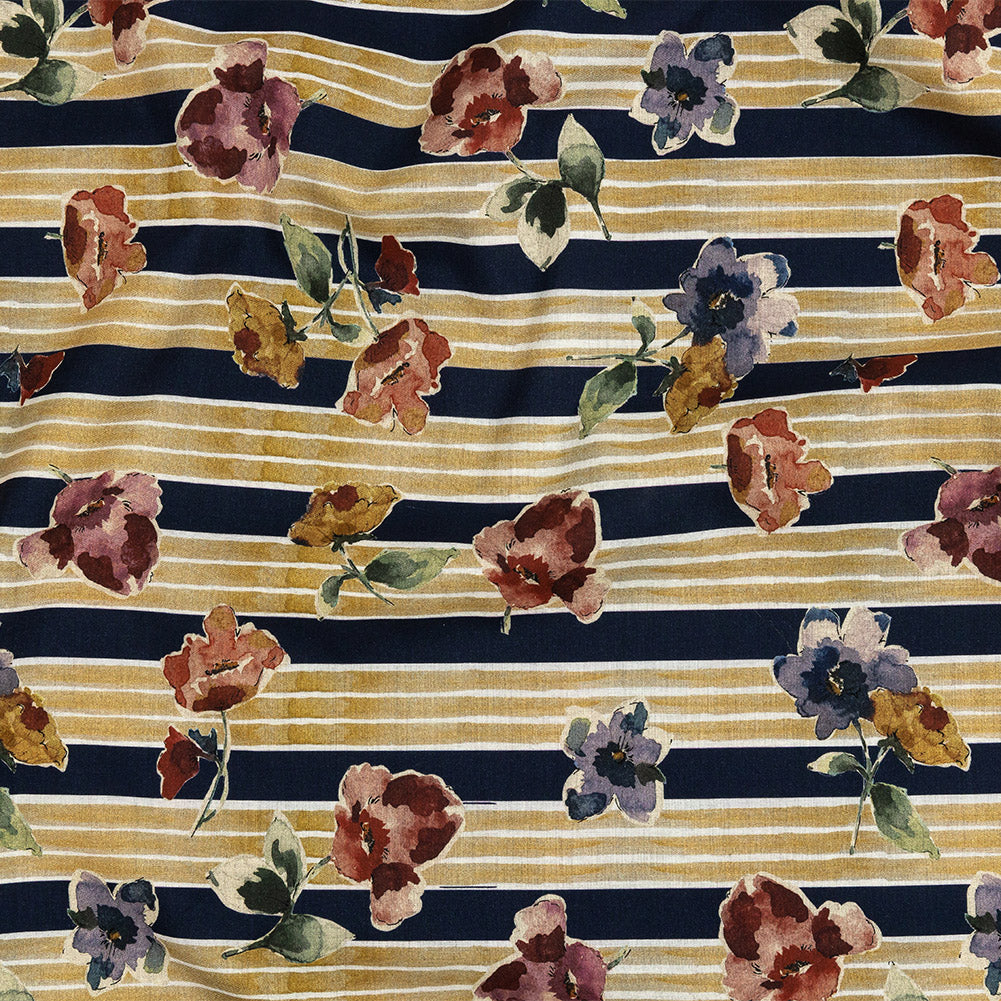 Cotton Voile - Yellow and Navy Floral over Stripes - Harmonious Hibiscus Print - Mood Exclusive Tumunyana Collection - Joann Fabrics