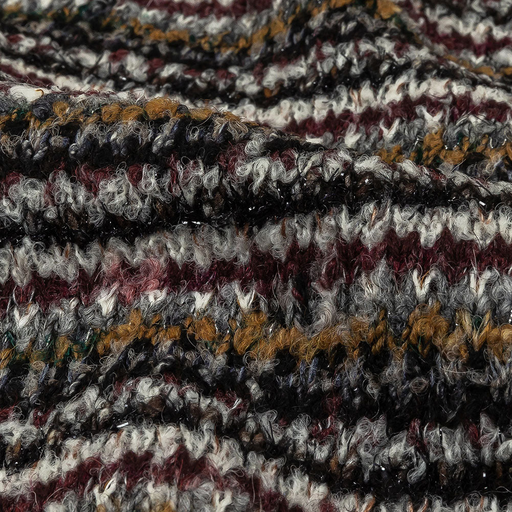 Burgundy, Cream and Metallic Silver Striped Boucle Blended Wool Sweater Knit with Black Eyelash Fringe - Joann Fabrics