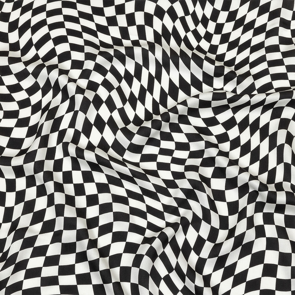 Rayon Challis - Black and White Warped Checks - Down the Rabbit Hole Print - Mood Exclusive Indigo Collection - Joann Fabrics