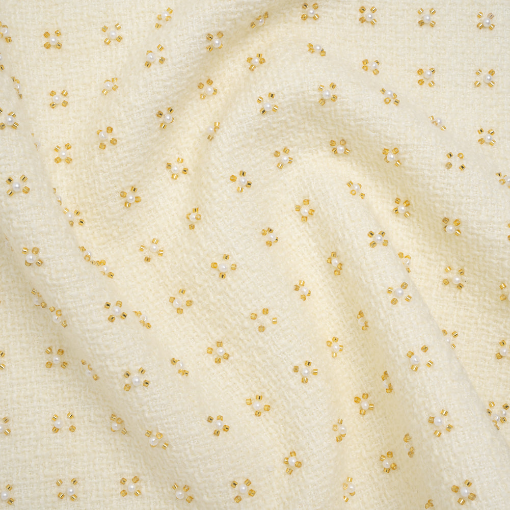 Embellished Acrylic and Wool Tweed with Backing - Off-White Tweed with Pearl and Gold Beaded Tiny Flower Grid - Joann Fabrics