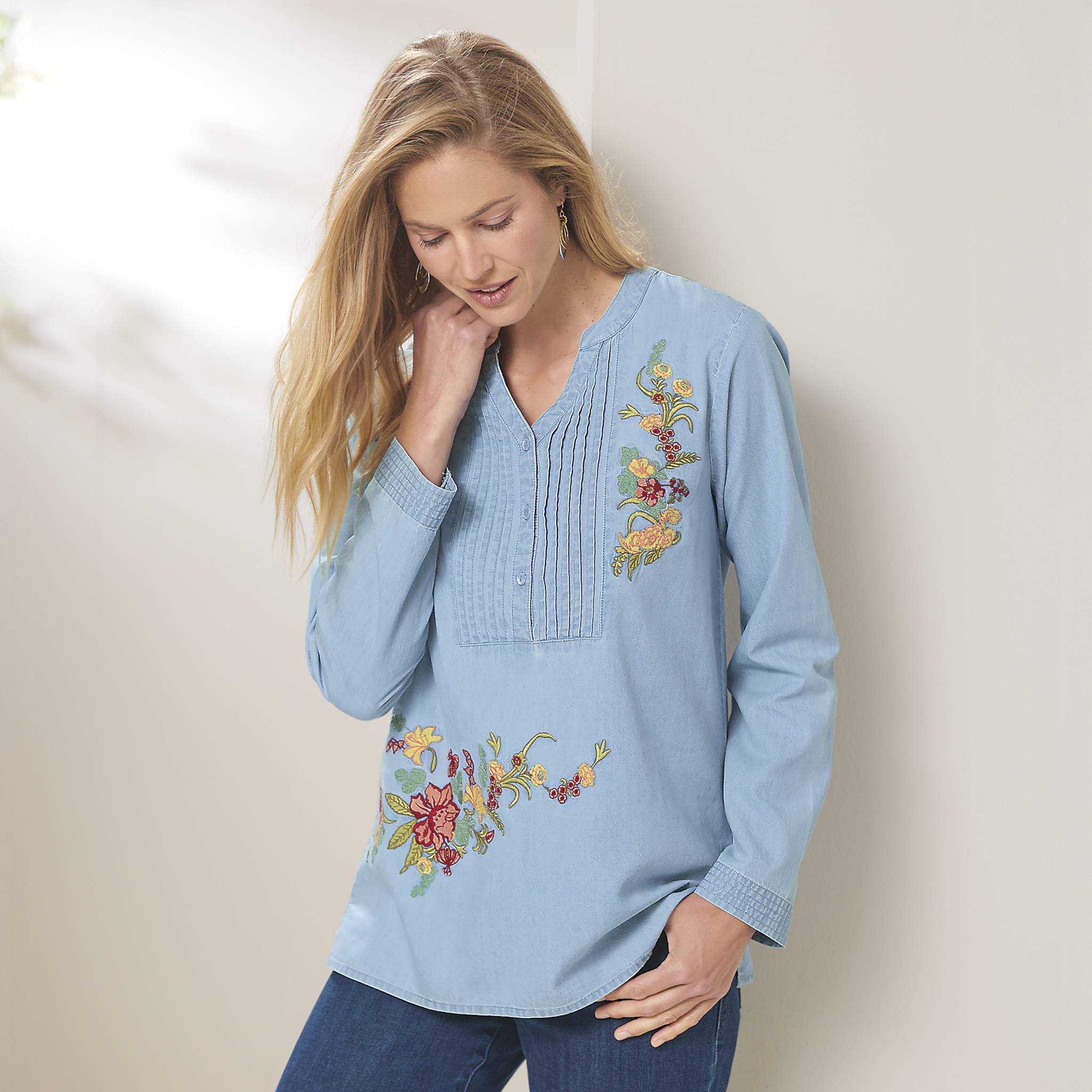 Tuck Embroidered Cotton Chambray Denim Popover, Button Placket - Northstyle Catalog