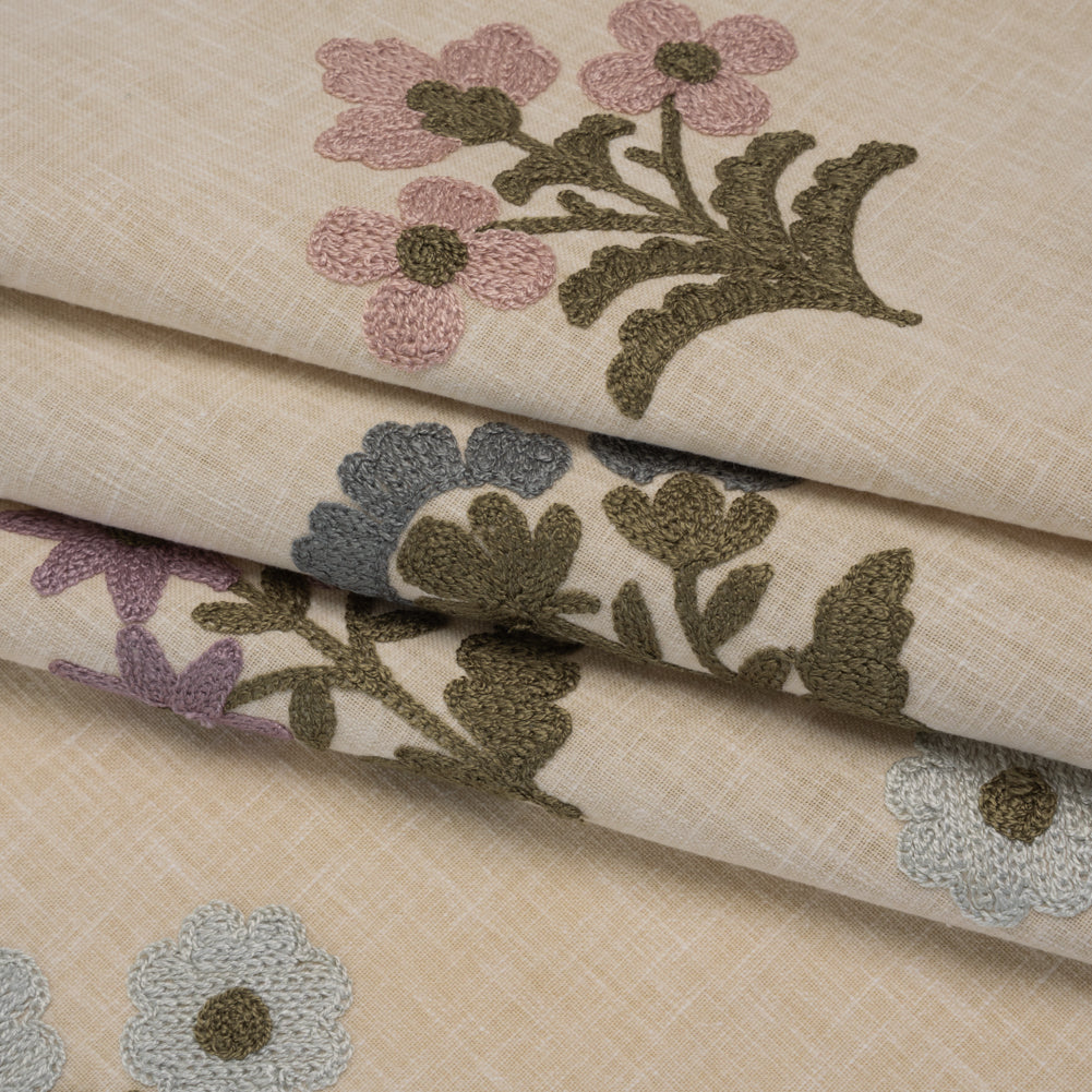 Polyester and Cotton Slubbed Drapery Woven with Viscose Embroidery - Iris Simple Flowers - British Imported - Joann Fabrics
